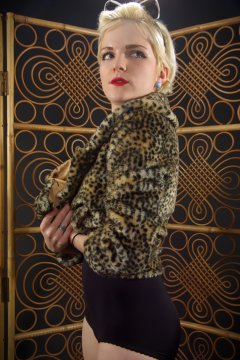 Abbie animal print jacket, black bra and girdle