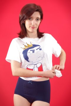 Dawsie T-shirt and blue control briefs worn as hotpants