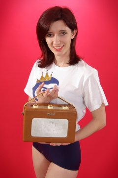 Dawsie T-shirt and blue control briefs worn as hotpants