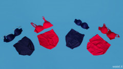 Matching coloured red and blue bra and girdle sets