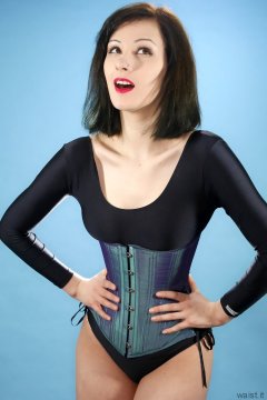 Olive Cartley black leotard and models own tightly-laced corset