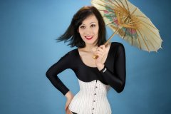 Olive Cartley black leotard and models own tightly-laced corset