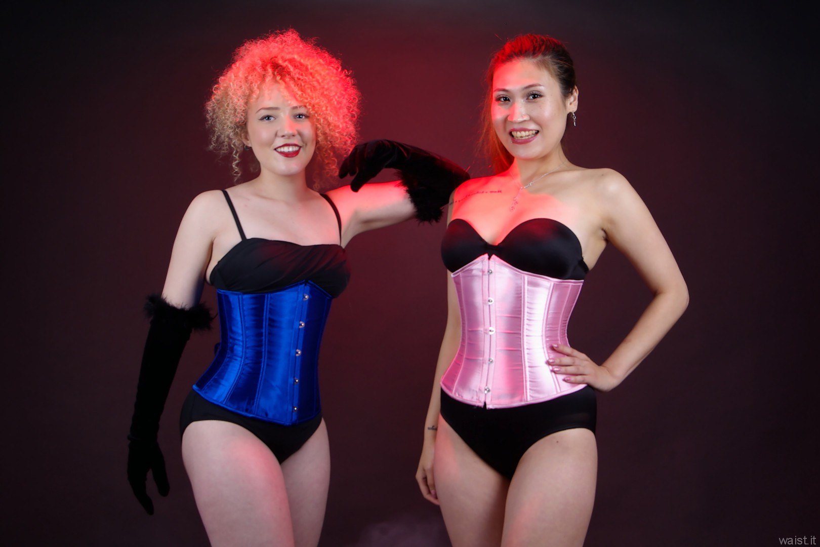 2015-09-13 Jazz and Laura show off their tiny waist and lovely flat tummies in tightly-laced Chinese underbust satin corsets