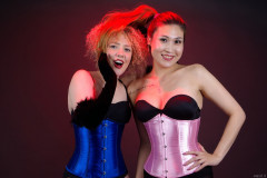 2015-09-13 Jazz and Laura show off their tiny waist and lovely flat tummies in tightly-laced Chinese underbust satin corsets