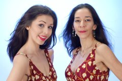 2015-11-21 Heydi and Shannon in red and white/gold tummy control swimsuits