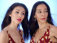 2015-11-21 Heydi and Shannon in red and white/gold tummy control swimsuits