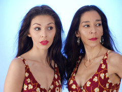 2015-11-21 Heydi and Shannon in red and white/gold tummy control swimsuits