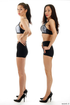 2015-11-21 Heydi and Shannon in silver support sports tops and shiny black girdles worn as hotpants - deportment exercises