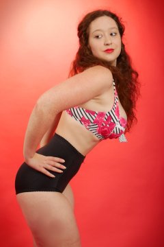 2015-12-04 Yana flowered bra top and black pantie girdle worn as hotpants