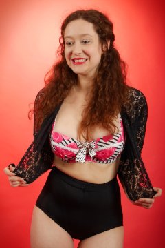 2015-12-04 Yana flowered bra top and black pantie girdle worn as hotpants