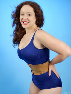 2015-12-04 Yana blue tummy-control swimsuit and leather corset-belt