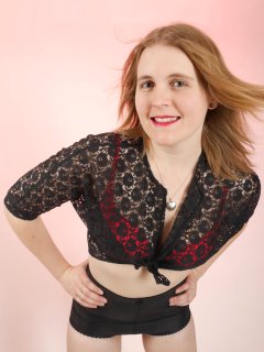 2015-12-11 Chelskii in black lace top red bra and black Style 210 pantie girdle worn as hot pants