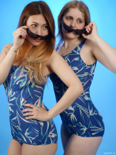 2015-12-11 Laura Toy and Chelskii in blue BHS one-piece tummy-control swimsuits and sunglasses