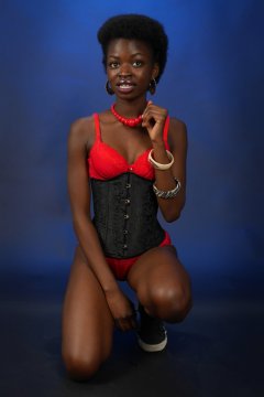 2016-01-15 Lilli in red bra and girdle and tightly laced black corset