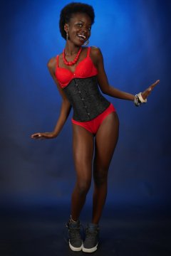 2016-01-15 Lilli in red bra and girdle and tightly laced black corset