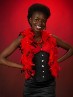 2016-01-15 Lilli in red bra, black Skort and tightly-laced black corset