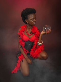 2016-01-15 Lilli in red bra, black Skort and tightly-laced black corset