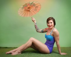 2016-04-02 Lexy in blue and purple vintage style one-piece swimsuit by M&S