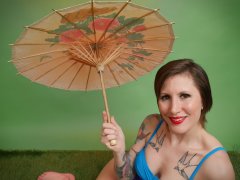 2016-04-02 Lexy in blue and purple vintage style one-piece swimsuit by M&S