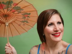 2016-04-02 Lexy in blue and purple vintage style one-piece swimsuit by M&S