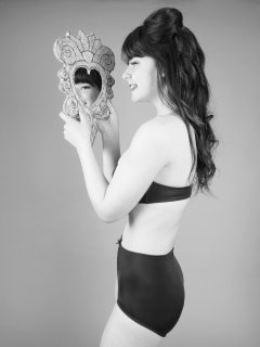 20160522 Ronnie97 playing with mirrors in blue Chinese bra and girdle