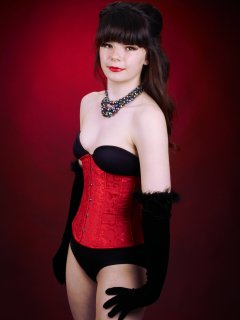 20160522 Ronnie97 in black strapless Miraclesuit bodyshaper and tightly-laced underbust corset