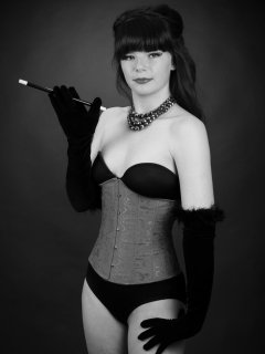 20160522 Ronnie97 in black strapless Miraclesuit bodyshaper and tightly-laced underbust corset