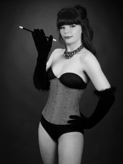 20160522 Ronnie97 in black strapless Miraclesuit bodyshaper and tightly-laced underbust corset