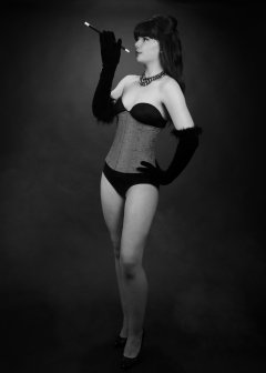 20160522 Ronnie97 in black strapless Miraclesuit bodyshaper and tightly-laced underbust corset