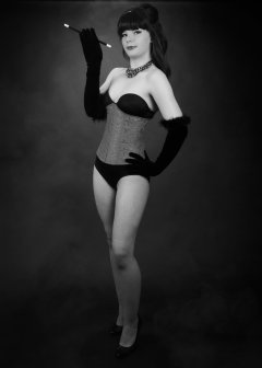 20160522 Ronnie97 in black strapless Miraclesuit bodyshaper and tightly-laced underbust corset