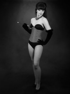 20160522 Ronnie97 in black strapless Miraclesuit bodyshaper and tightly-laced underbust corset