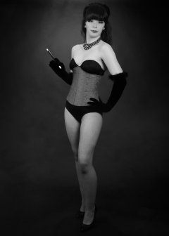 20160522 Ronnie97 in black strapless Miraclesuit bodyshaper and tightly-laced underbust corset