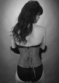 20160522 Ronnie97 in black strapless Miraclesuit bodyshaper and tightly-laced underbust corset