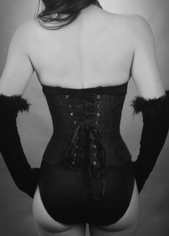 20160522 Ronnie97 in black strapless Miraclesuit bodyshaper and tightly-laced underbust corset