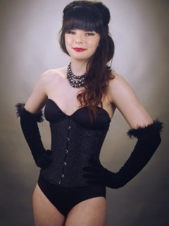 20160522 Ronnie97 in black strapless Miraclesuit bodyshaper and tightly-laced underbust corset