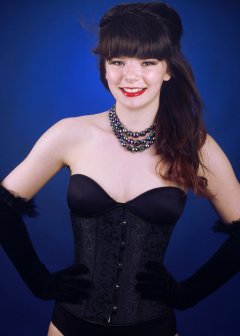 20160522 Ronnie97 in black strapless Miraclesuit bodyshaper and tightly-laced underbust corset