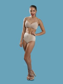 2016-09-09 Danielle Morrison beighe sports bra and 60s style panelled pantie girdle, worn as hotpants