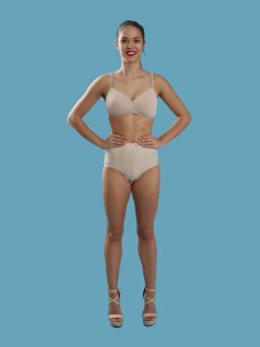 2016-09-09 Danielle Morrison beighe sports bra and 60s style panelled pantie girdle, worn as hotpants