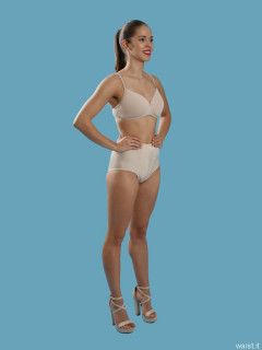 2016-09-09 Danielle Morrison beighe sports bra and 60s style panelled pantie girdle, worn as hotpants