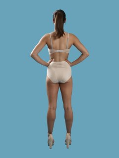 2016-09-09 Danielle Morrison beighe sports bra and 60s style panelled pantie girdle, worn as hotpants
