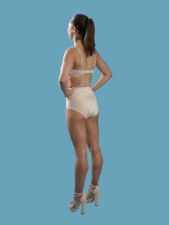 2016-09-09 Danielle Morrison beighe sports bra and 60s style panelled pantie girdle, worn as hotpants