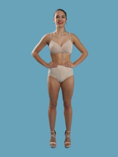 2016-09-09 Danielle Morrison beighe sports bra and 60s style panelled pantie girdle, worn as hotpants