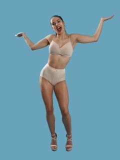 2016-09-09 Danielle Morrison beighe sports bra and 60s style panelled pantie girdle, worn as hotpants