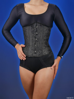 2016-09-09 Danielle Morrison in black long-sleeved leotard and tightly-laced boack underbust corset