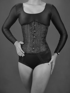 2016-09-09 Danielle Morrison in black long-sleeved leotard and tightly-laced boack underbust corset