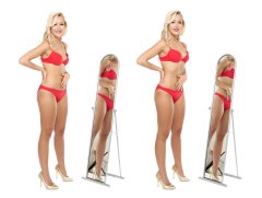 2016-11-06 Fleur fitness collage - in red bikini showing how to minimise waist and flatten tummy