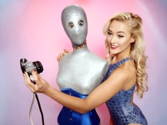 2016-11-06 Fleur in 1990s blue crocskin swimsuit with silver mannequin