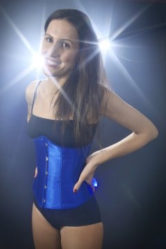 2016-11-20 MissGlamour in tightlaced corsert over black boobtube and control briefs, worn as hotpants- lit by LED