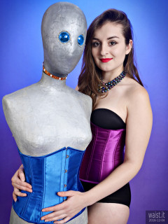 2016-12-04 Nannina with the silver mannequin, in black Miraclesuit and tightly-laced purple underbust corset