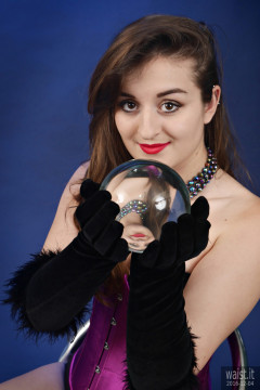 2016-12-04 Nannina in black strapless Miraclesuit and tightly-laced purple underbust corset